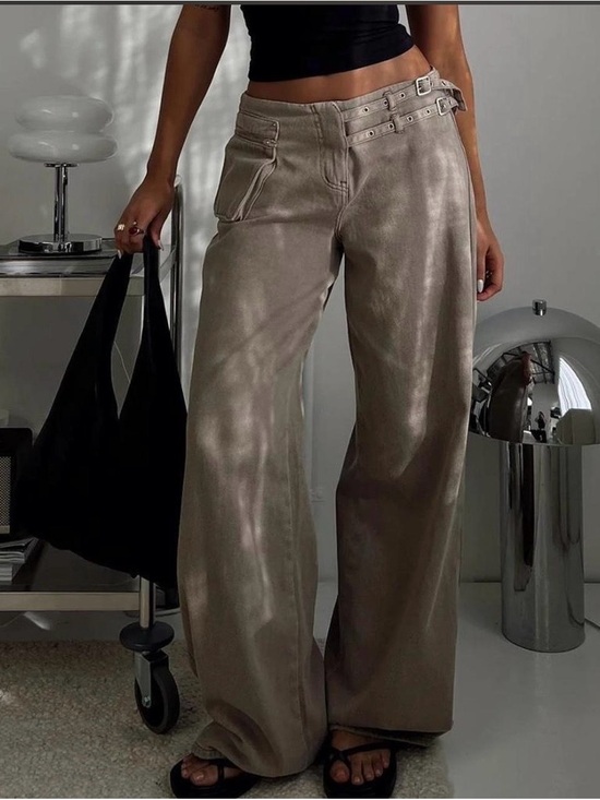 Princess Polly Pants - Princess Polly Taupe Wide-Leg Satin Pants with Double Belt Detail